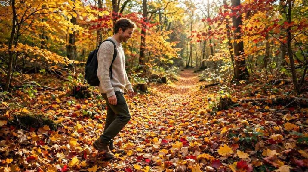 Person walking on path of golden autumn leaves for autumn quotes