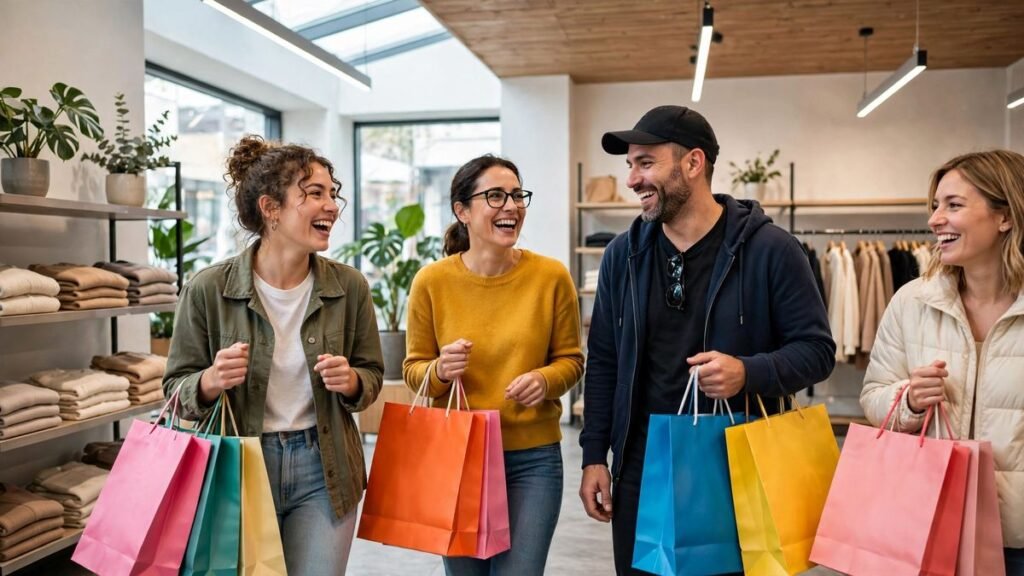 Excited shoppers with bags — black friday quotes