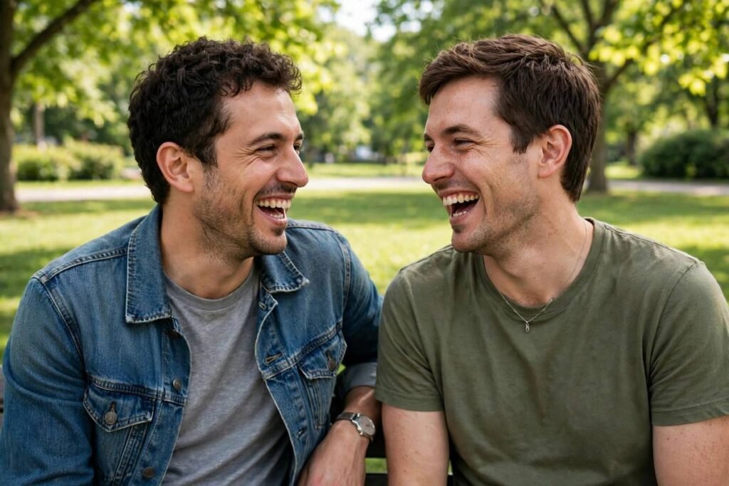 Two brothers laughing together outdoors sharing a genuine happy moment
