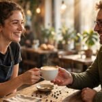 Photorealistic image of a smiling woman in a cozy sunlit café, cradling a steaming latte in both hands, warm morning light — coffee quotes