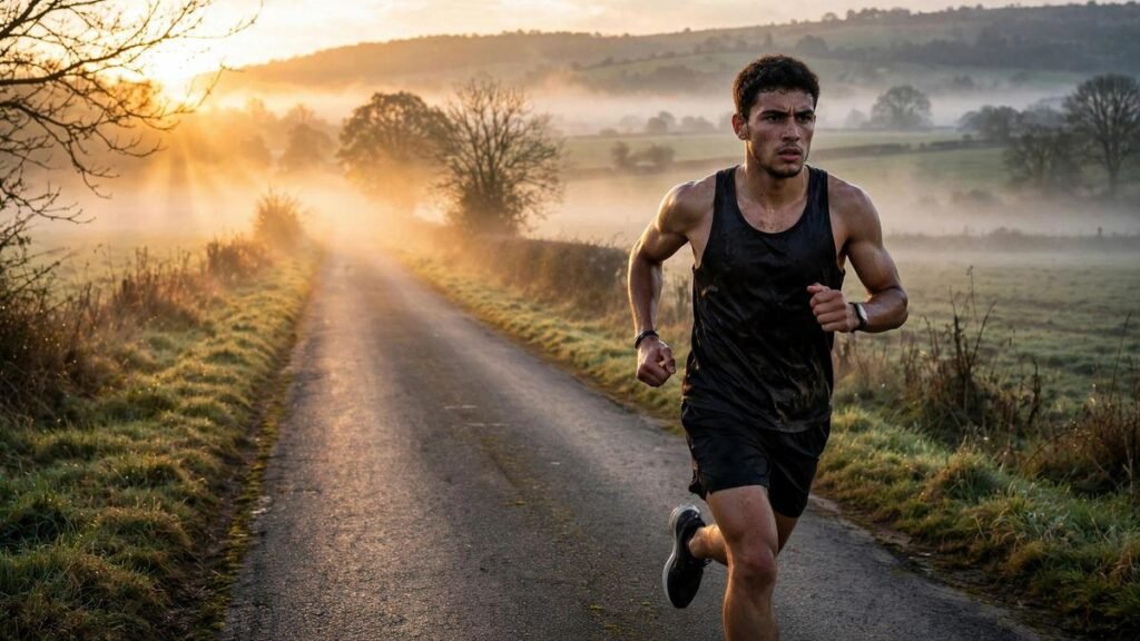 Determined athlete running alone on an empty road at sunrise
