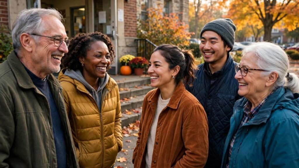 Real American voters smiling outside a polling station on election morning — election quotes