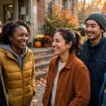Real American voters smiling outside a polling station on election morning — election quotes