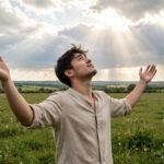 Person looking toward bright sunlight through clouds — faith quotes