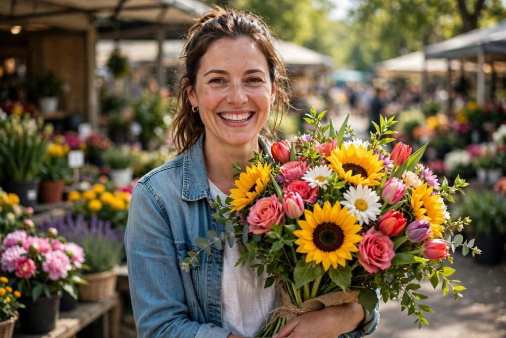 Happy woman holding fresh colorful flowers at a sunny flower market