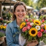 Happy woman holding fresh colorful flowers at a sunny flower market