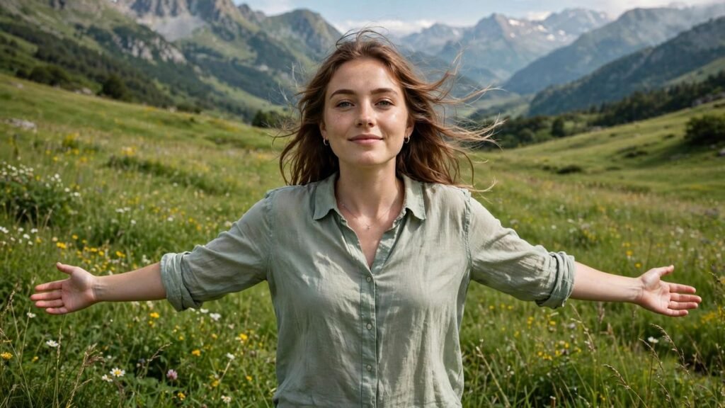 Woman standing with open arms in a sunlit green meadow
