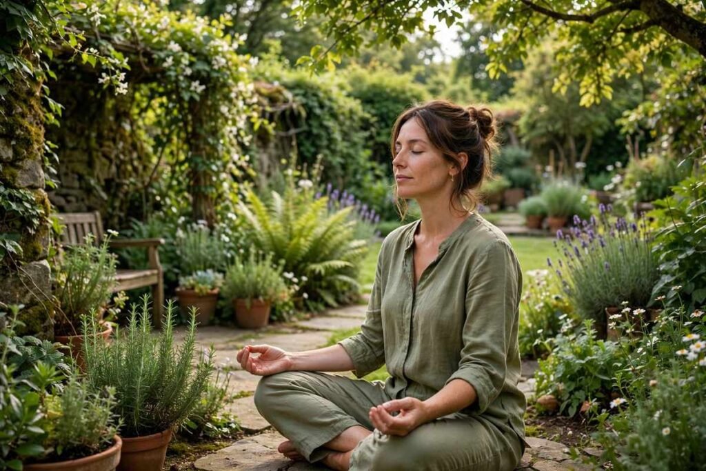 Woman meditating calmly in a peaceful garden — mindfulness quotes