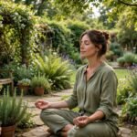 Woman meditating calmly in a peaceful garden — mindfulness quotes