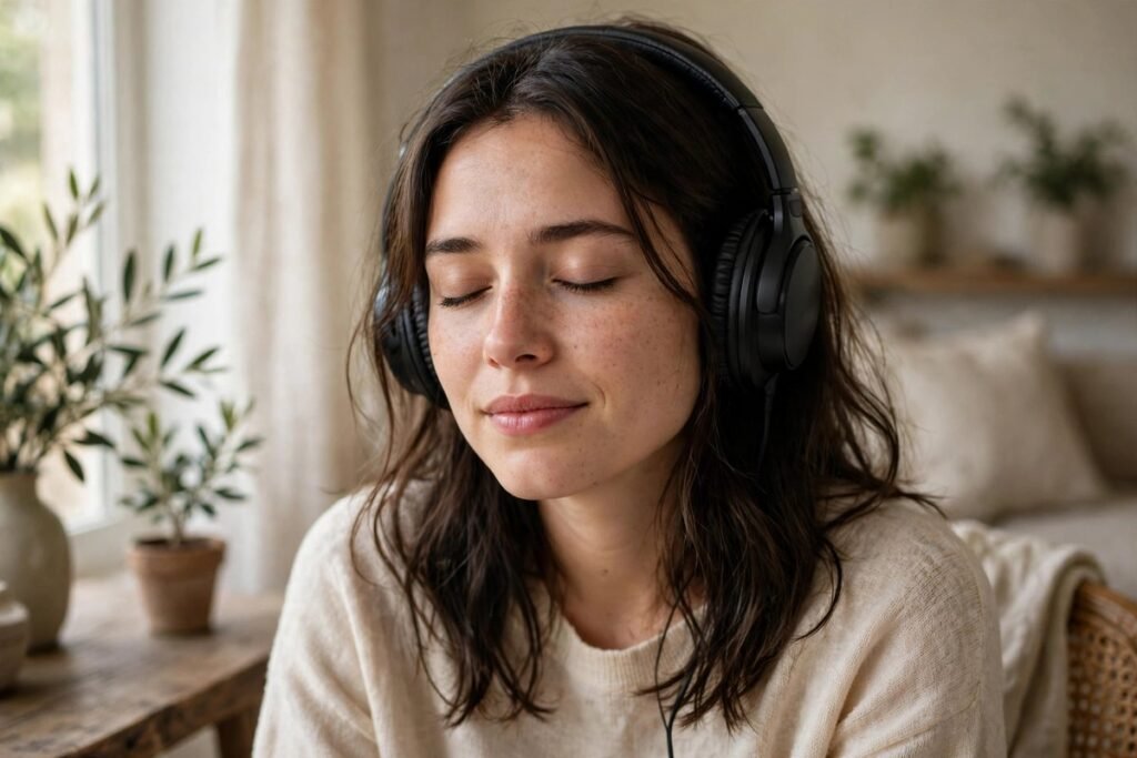 Young woman with headphones lost in music with eyes closed, genuine emotion