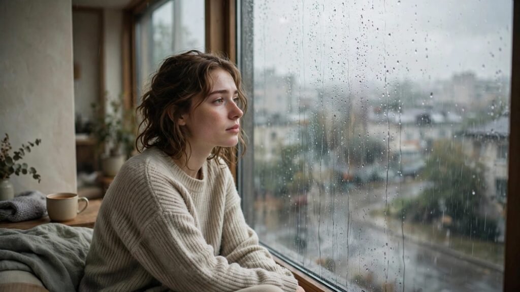 Woman sitting by rainy window for sad quotes