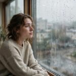 Woman sitting by rainy window for sad quotes