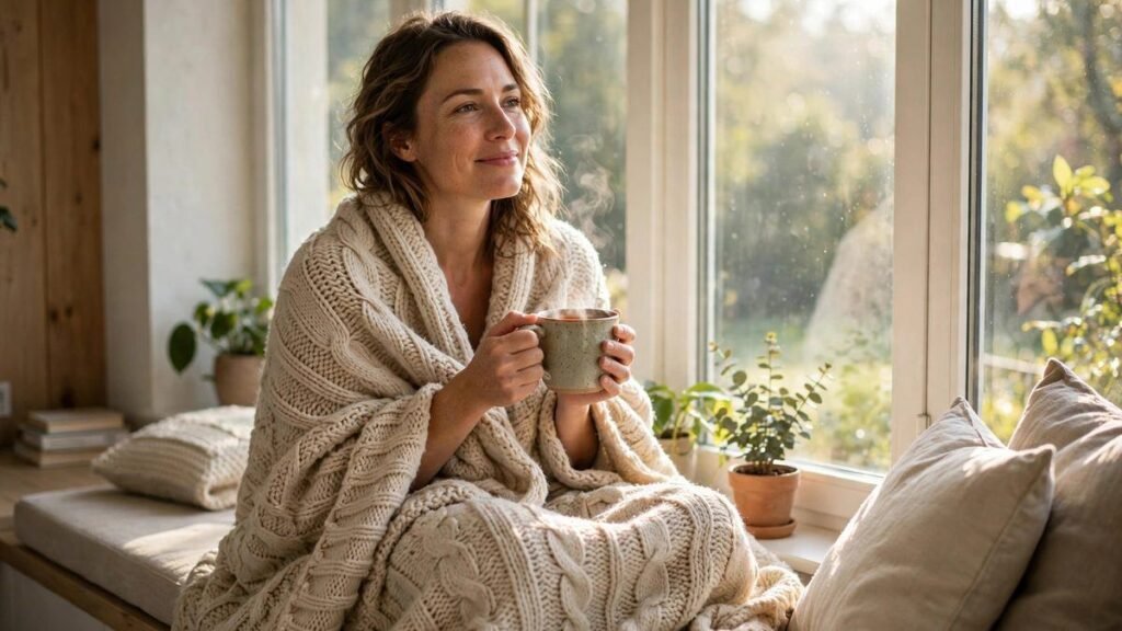Woman relaxing with tea by a sunny window