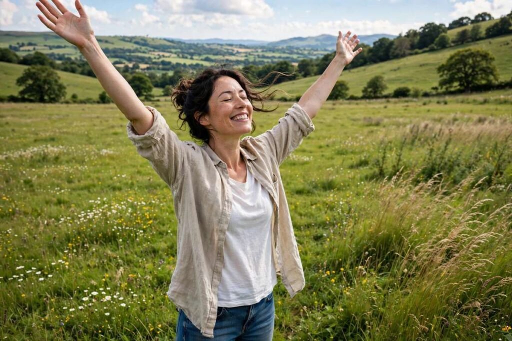 Confident woman in sunlit meadow for self love quotes