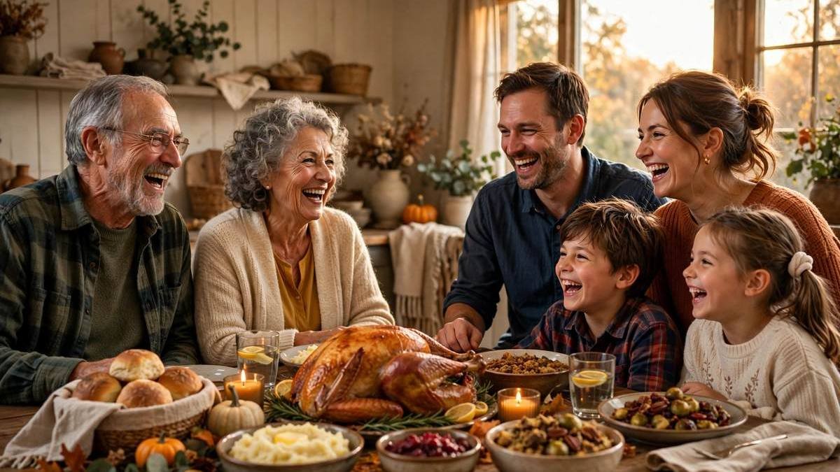 Photorealistic photo of a warm family Thanksgiving dinner table with roasted turkey, candles and laughing people — thanksgiving quotes