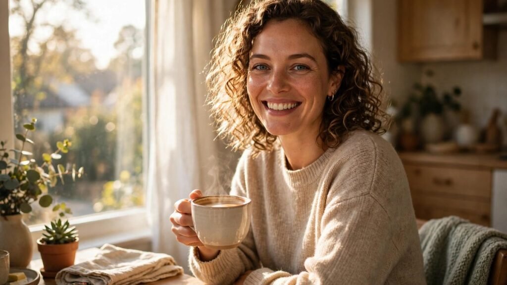 Smiling woman enjoying coffee by a sunny window on a happy Thursday morning