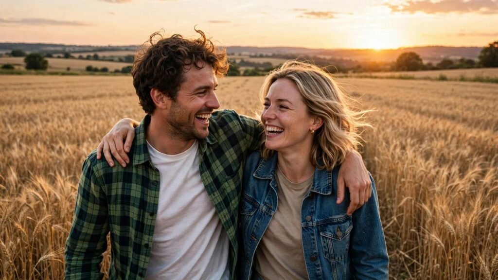 Two friends holding hands walking through a field at sunset