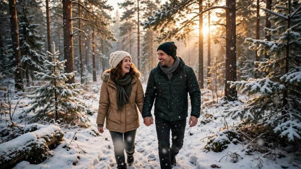 Couple enjoying snowy winter evening together