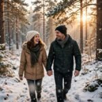 Couple enjoying snowy winter evening together